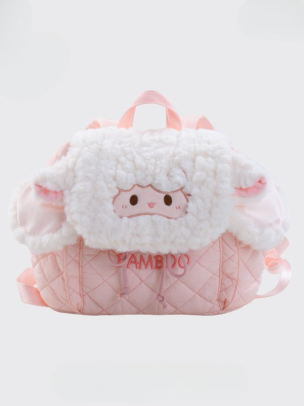 White&Pink Letter Embroidery Diamond Pattern Plush Lamb Flap Backpack