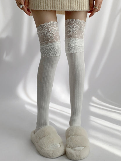 White/Black/Dark Gray/Beige/Light Gray Lace Trim Knitted Over-knee Stockings