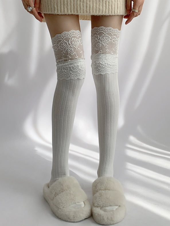 White/Black/Dark Gray/Beige/Light Gray Lace Trim Knitted Over-knee Stockings
