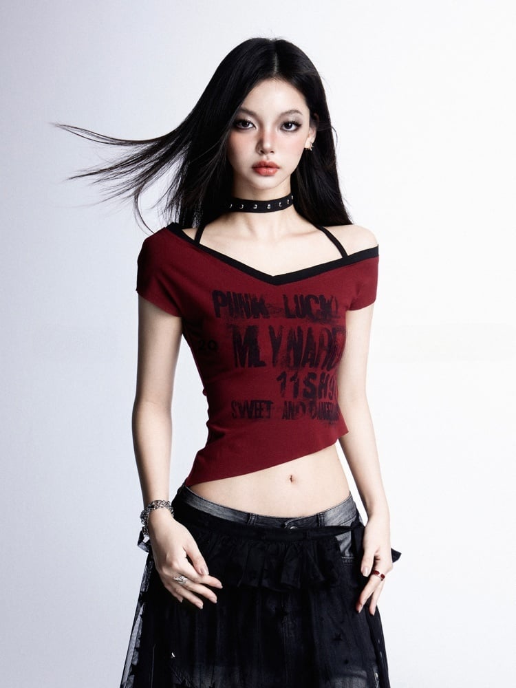 Y2K Red Halter Neck Asymmetrical Neckline and Hem Rock Punk Graphic Cropped T-shirt