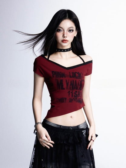 Y2K Red Halter Neck Asymmetrical Neckline and Hem Rock Punk Graphic Cropped T-shirt