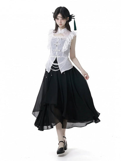 Black Chiffon Spaghetti Strap Dress Long/Short Version