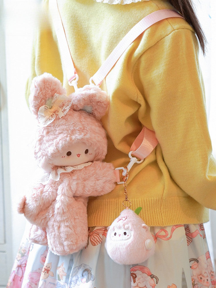 Pink Rabbit Bowknot Lace Details Plush Backpack + Keychain
