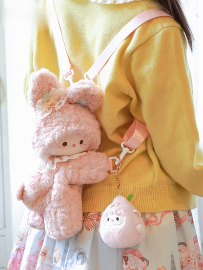 Pink Rabbit Bowknot Lace Details Plush Backpack + Keychain