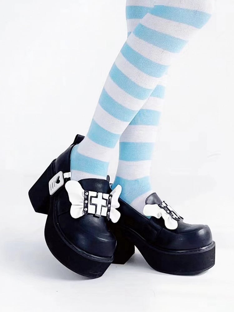 Punk Cross Wings Black and White Jirai Kei Platforms High Block Heel