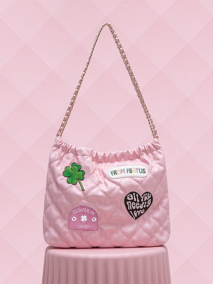 Sweet Pink Diamond Quilted Drawstring Shoulder Bag With Clover And Letter Embroidery
