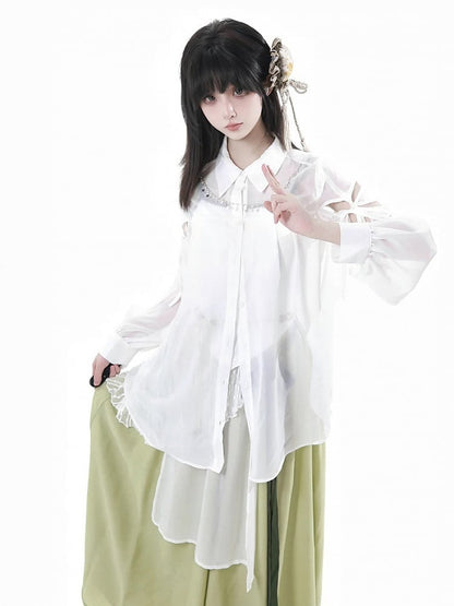 Butterfly-shaped Cutout Sleeves Cheongsam Style White Sheer Chiffon Shirt Long Version