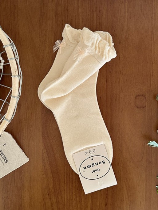 Pink/Blue/Black/White/Yellow/Gray Bowknot Details Ruffled Cuff Calf Socks