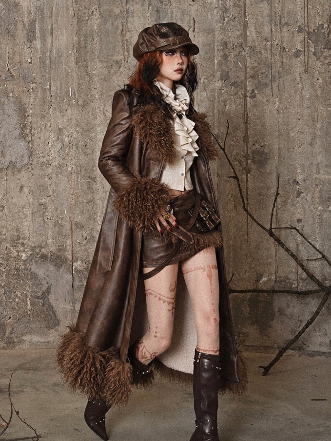 Brown Vintage Mailard Winter Padded Coat PU Leather Fabric