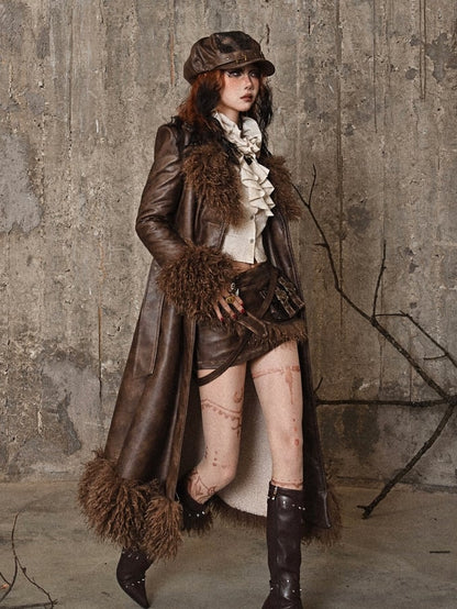 Brown Vintage Mailard Winter Padded Coat PU Leather Fabric