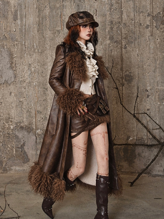 Brown Vintage Mailard Winter Padded Coat PU Leather Fabric
