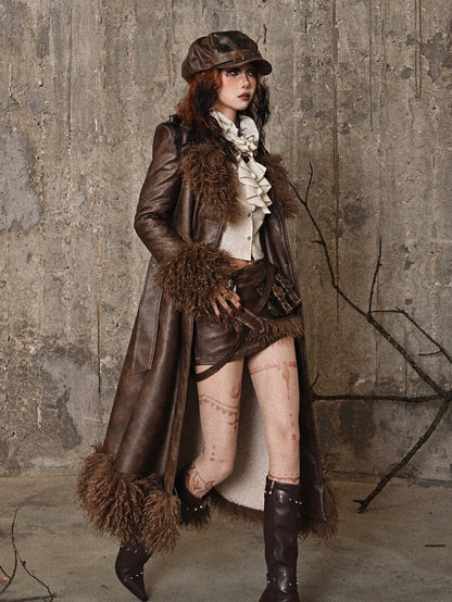 Brown Vintage Mailard Winter Padded Coat PU Leather Fabric