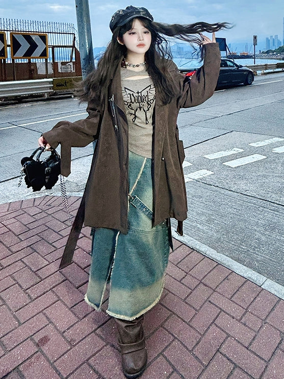 Plus Size Blue High-Slit Frayed Hem Wasteland Punk Denim Skirt Cargo Pockets Design