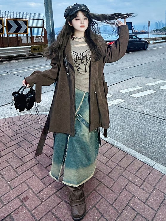 Plus Size Blue High-Slit Frayed Hem Wasteland Punk Denim Skirt Cargo Pockets Design