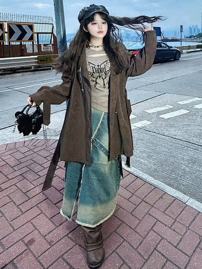 Plus Size Blue High-Slit Frayed Hem Wasteland Punk Denim Skirt Cargo Pockets Design