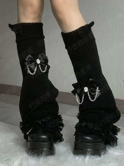 Jirai Kei Black/White Rhinestone Bow Wings Design Lace Trim Leg Warmers