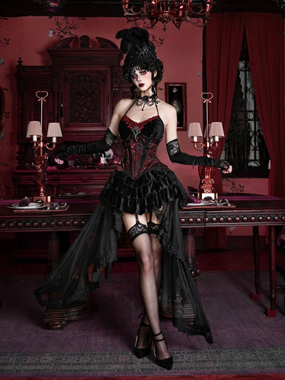 Gothic Black Velvet Tiered Skirt with Detachable Tulle Train