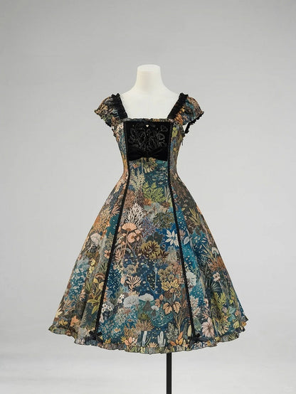 Green & Blue Floral Print Elegant Classic Lolita Dress with Lily Embroidery on the Chest