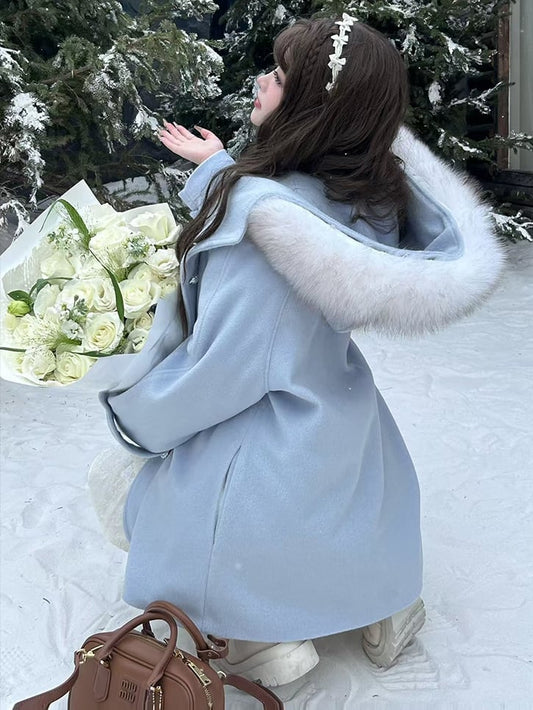 Plus Size Light Blue Plush Trim Hooded Woolen Coat