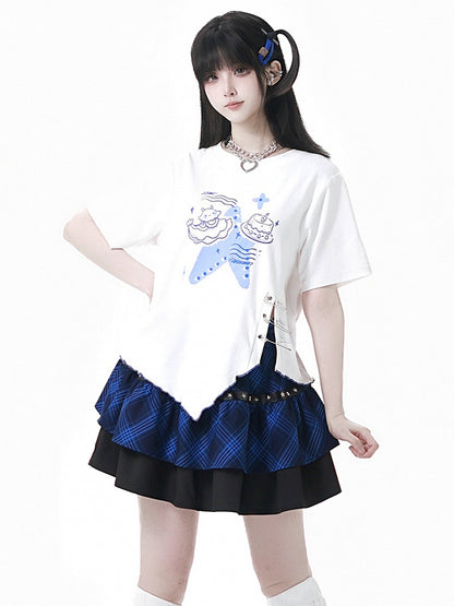 Blue Jellyfish Print Pin Details Slit Hem Asymmetrical Lettuce Hem White T-shirt