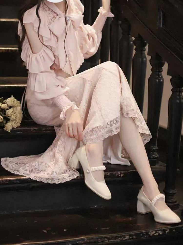 Elegant Jirai Kei Sakura Pink Blouse with Flounce Cutout Shoulders Clean & Pure Aesthetic