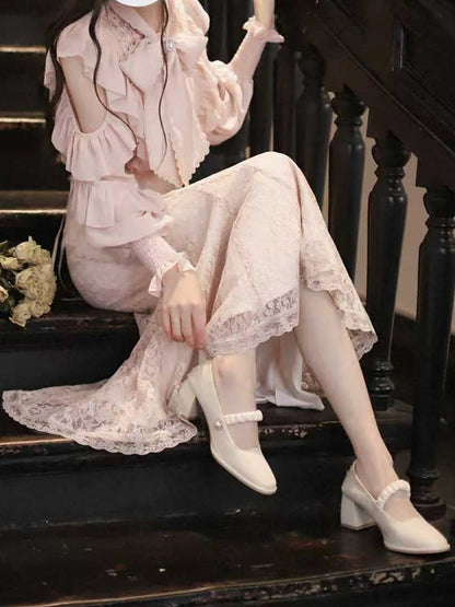 Elegant Jirai Kei Sakura Pink Blouse with Flounce Cutout Shoulders Clean & Pure Aesthetic