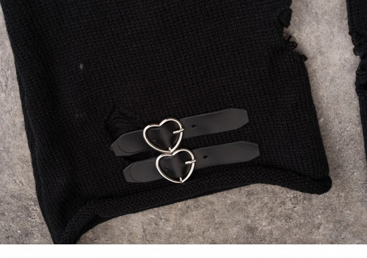 PU Buckles Gothic Black Distressed Holes Leg Warmers