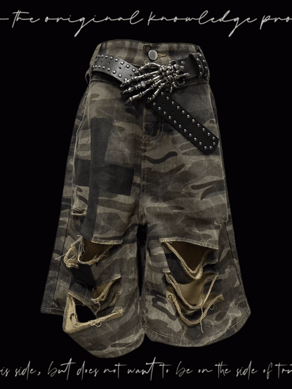 Camouflage Distressed Holes Wasteland Punk Wide-Leg Shorts
