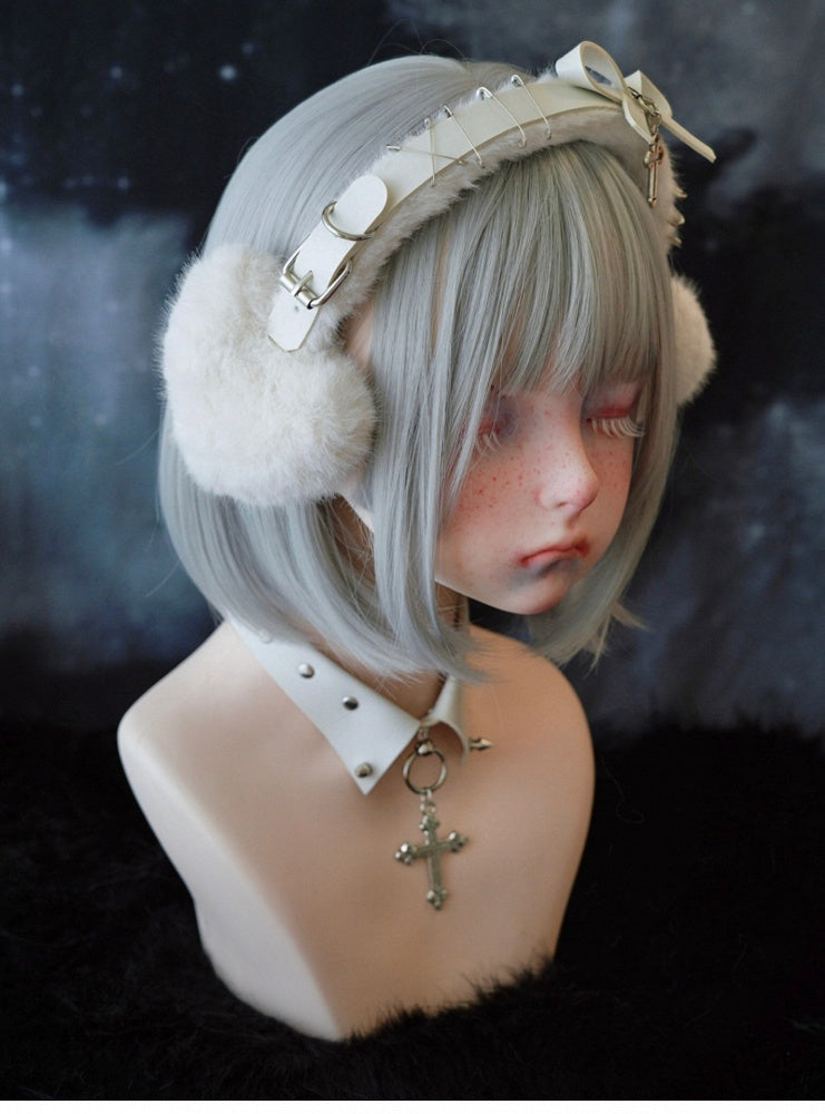 White Handmade Cross Pins Bow Plush Heart-shaped Earmuffs