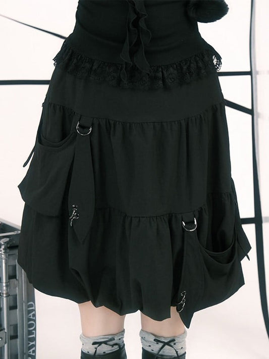 Plus Size Black Knee-Length Bubble Skirt with Hooked Pockets & Elastic Waist