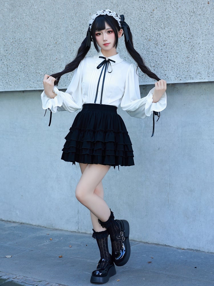 Sweet Ruffle White Shirt with Lace Placket and Flounce Sleeves