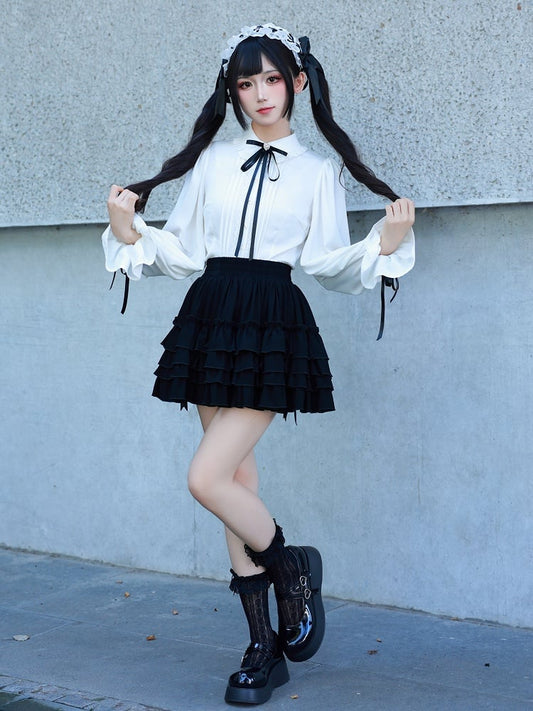 Sweet Ruffle White Shirt with Lace Placket and Flounce Sleeves