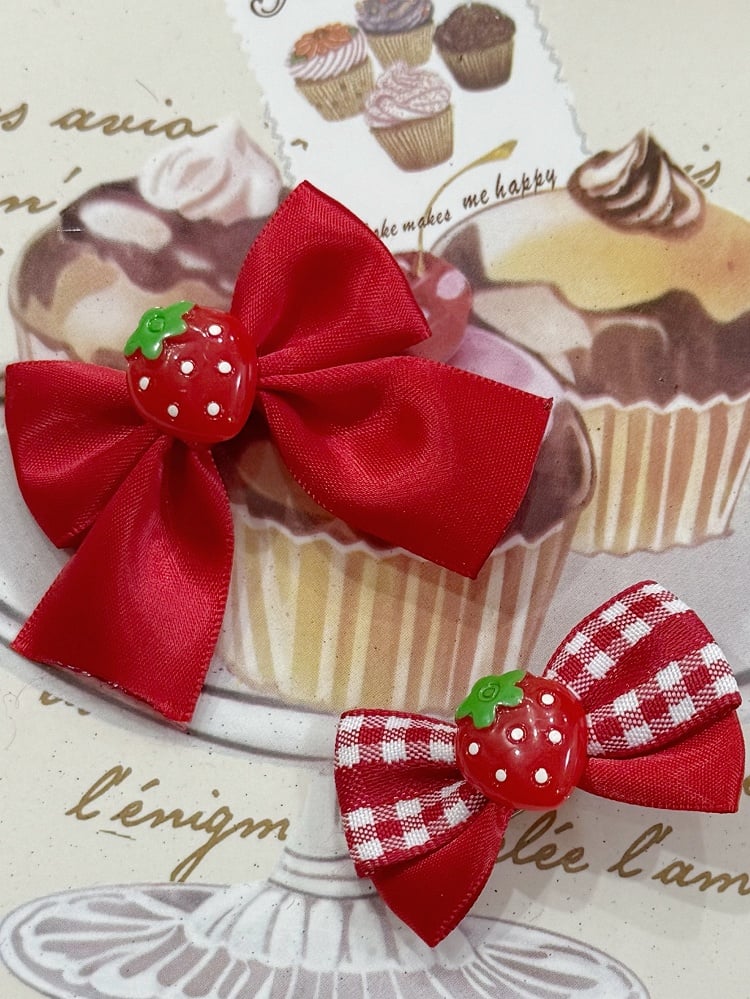 2 Red Strawberry Decorated Bowknot Hairclips Set