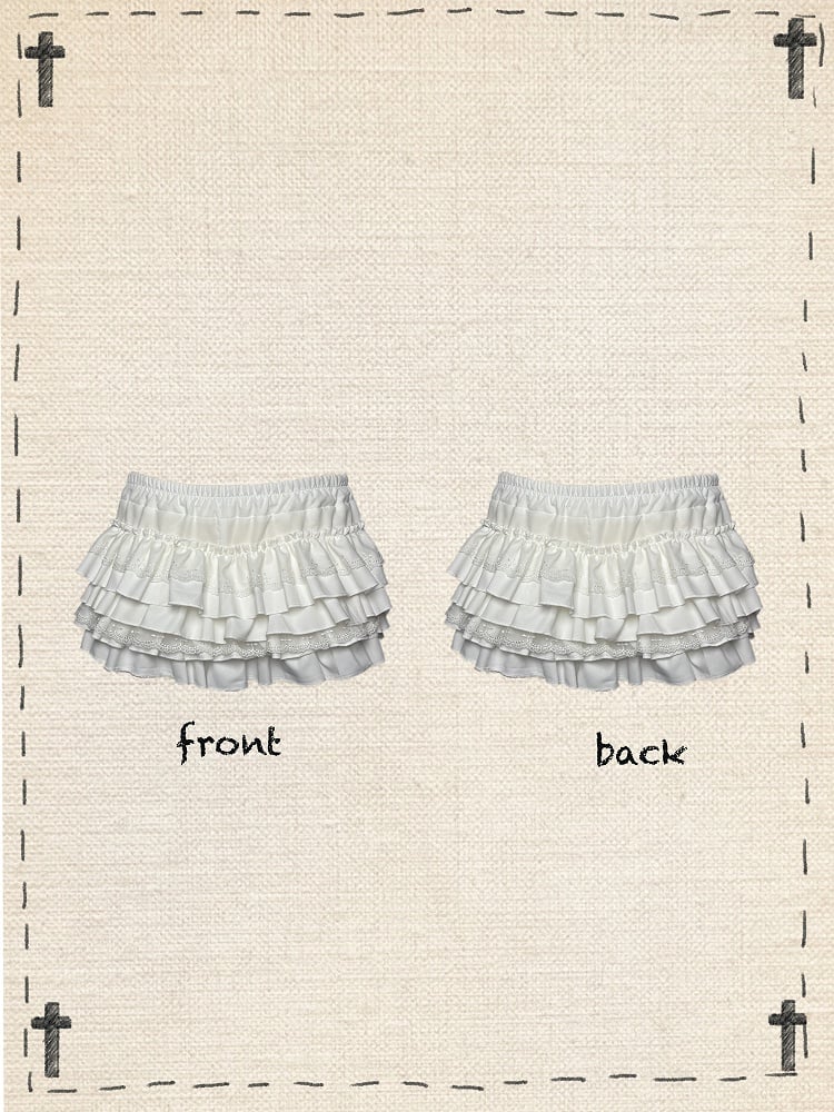 Gothic Black/White Elastic Waist Tiered Cross Lace Trim Bloomers Skort