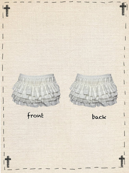 Gothic Black/White Elastic Waist Tiered Cross Lace Trim Bloomers Skort