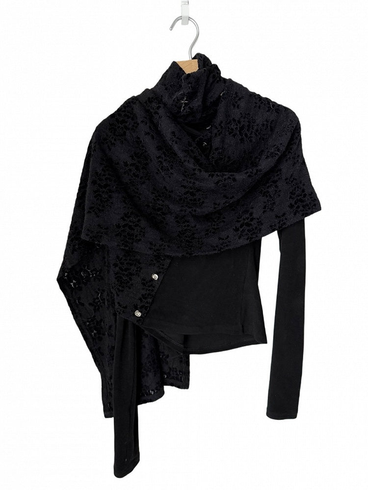 Gothic Asymmetrical Button-Up Top with Detachable Flocked Lace Cape