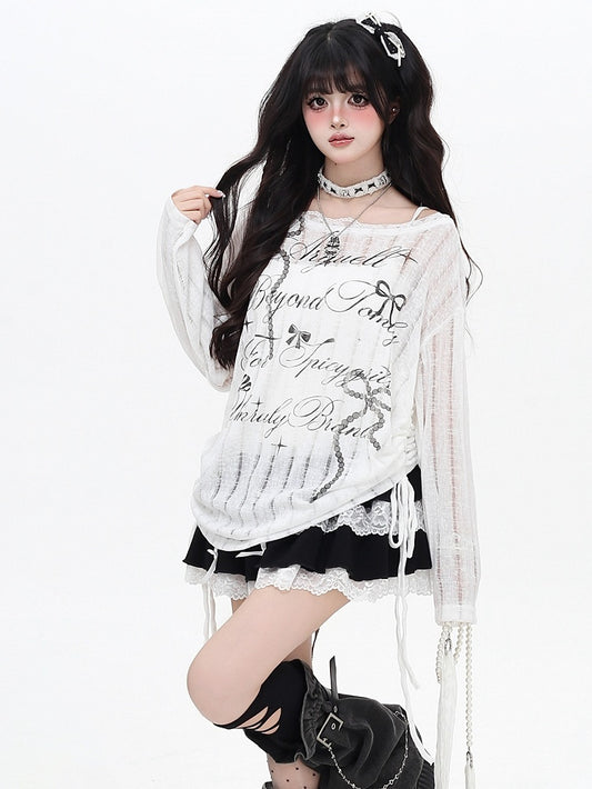 White/Black Letter And Bowknot Details Cutout Design Asymmetrical Neckline Long Sleeves Top