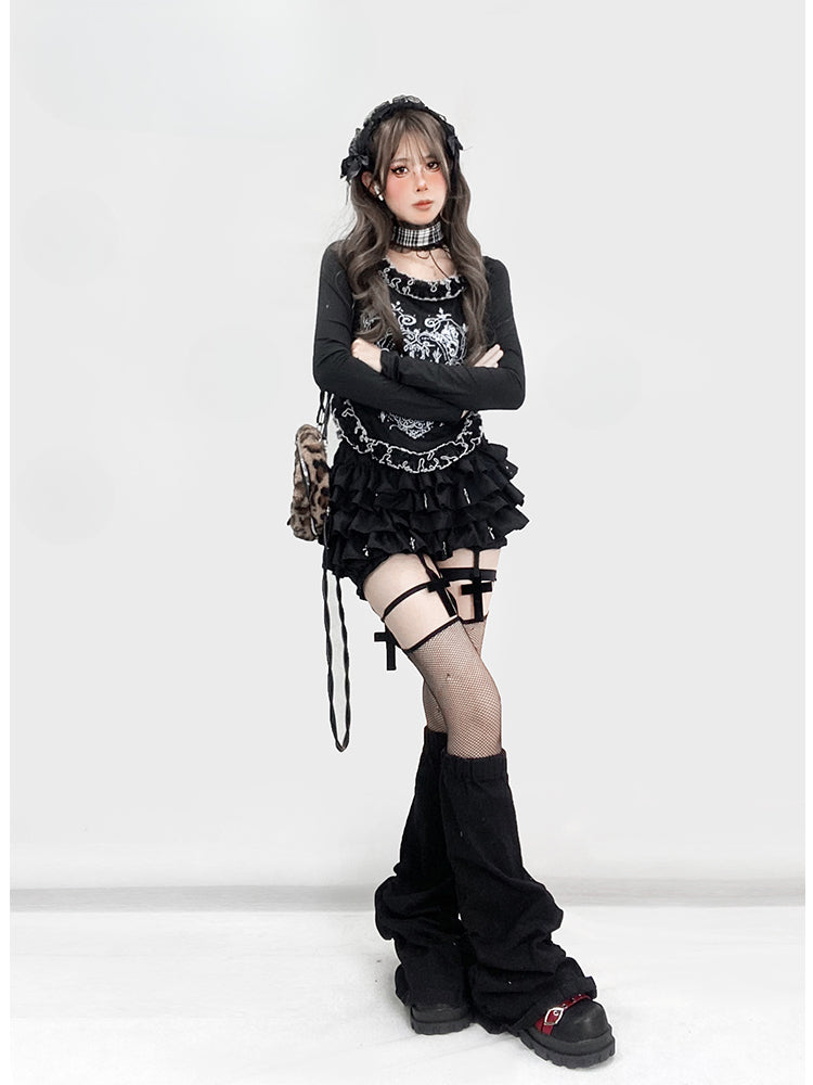 Gothic Black Y2K High Waist Cross Thigh length Glamorous Lined Tiered Skort