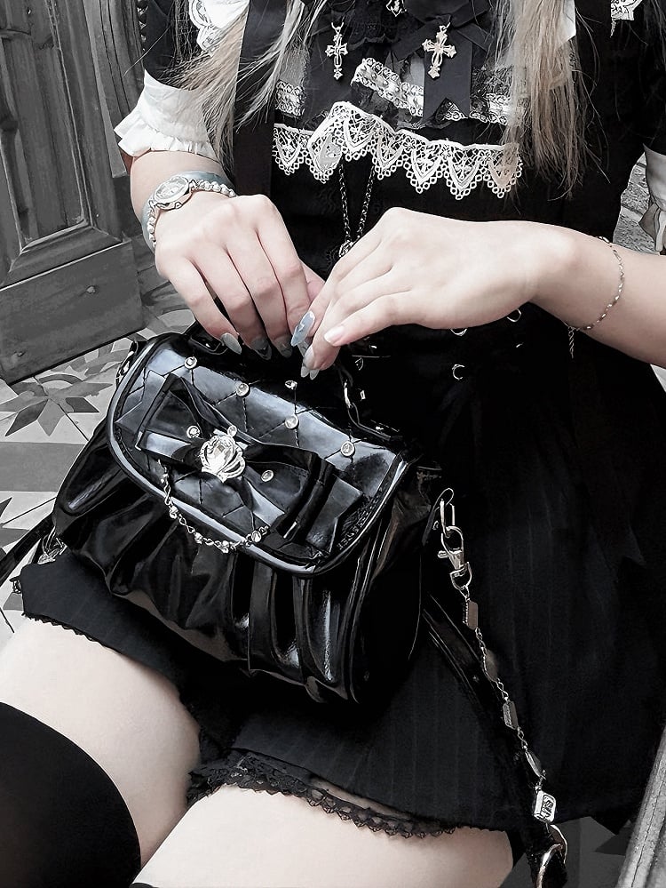 Black Jirai Kei Crossbody Bag - Interchangeable Rhinestone Strap & Crown Bow with Heart Bag