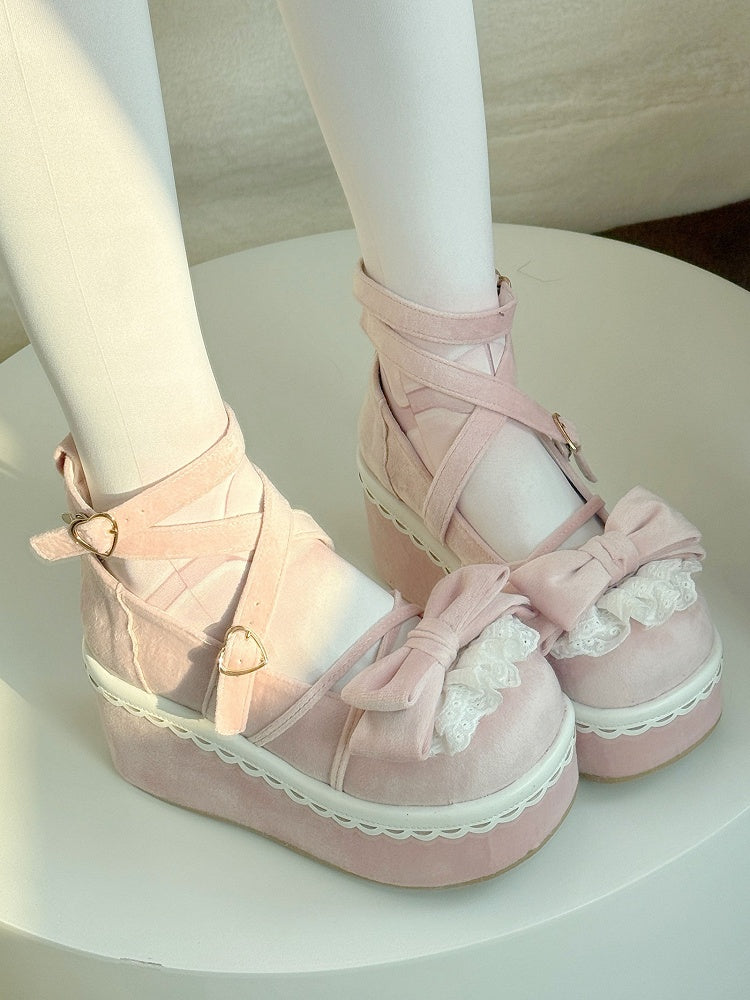 Pink Sweet Lolita Platforms in Velvet - Delicate Lace-Edged Bow, Ornate Heart Closure & Crossed Strap Details