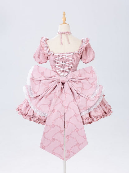 Pink Princess Corset Waist Dress Ruffle Skirt Lolita OP with Big Bow at Back