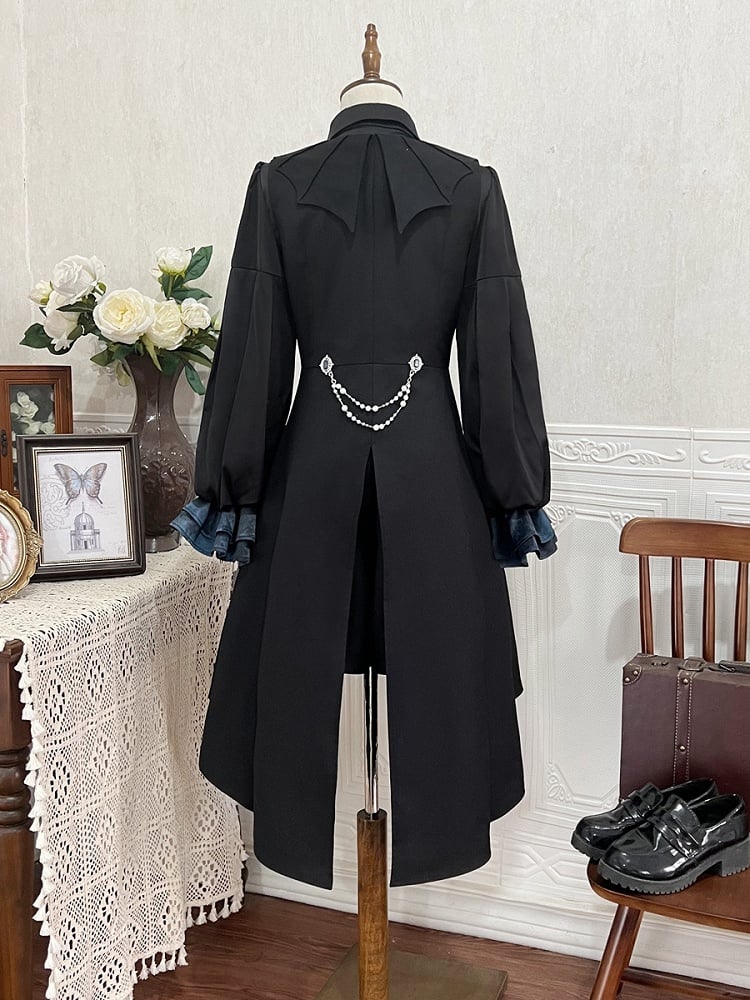 Clearance-Size L for Waist 84CM Black Bat Wings Shape Collar Ouji Lolita Blue Lining Long Waistcoat