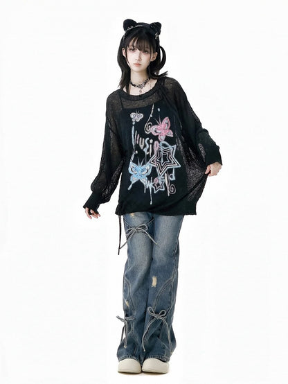 Light Blue Faded Wash Distressed Holes Bow Accents Flared Jeans