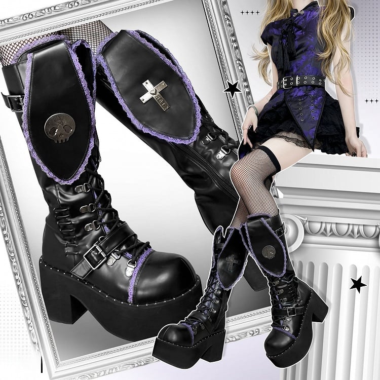 Bad Bunny Lace Trim Bunny Ears Platform Boots Black&Purple PU Gothic Shoes