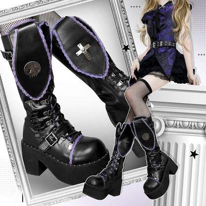 Bad Bunny Lace Trim Bunny Ears Platform Boots Black&Purple PU Gothic Shoes