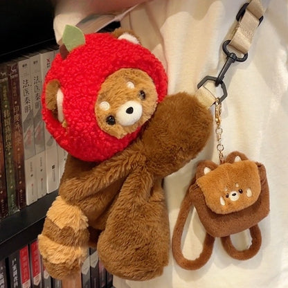Cute Red Panda Brown 28/40 cm Plush Backpack/Crossbody Bag + Apple Hat + Red Panda/Apple Keychain