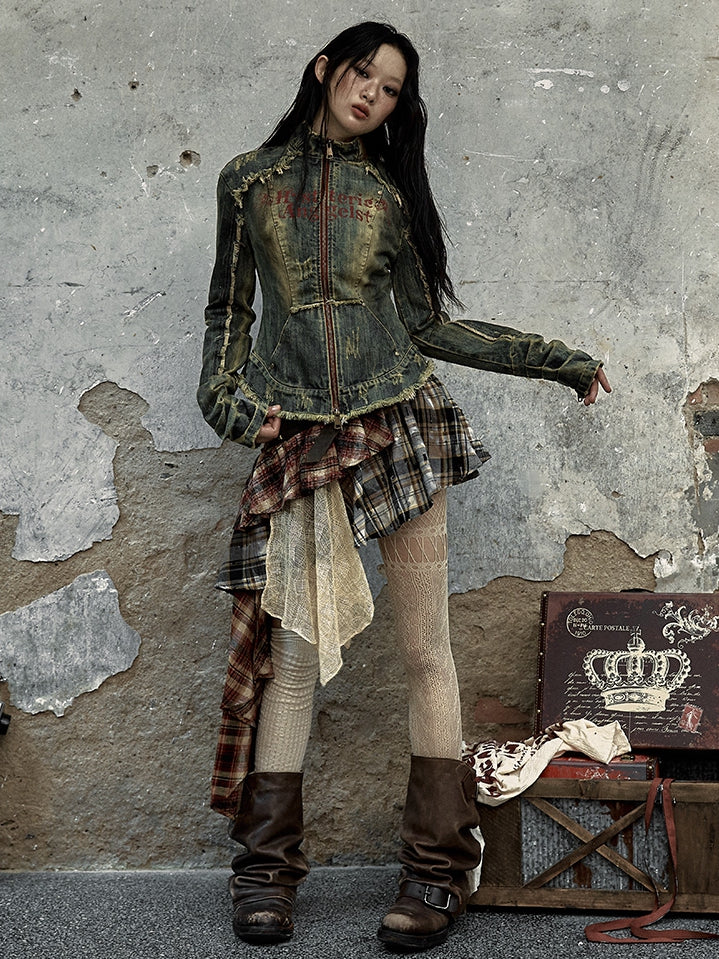 Waist Belt Design Red and Brown Punk Asymmetrical Plaid Skirt with Studs