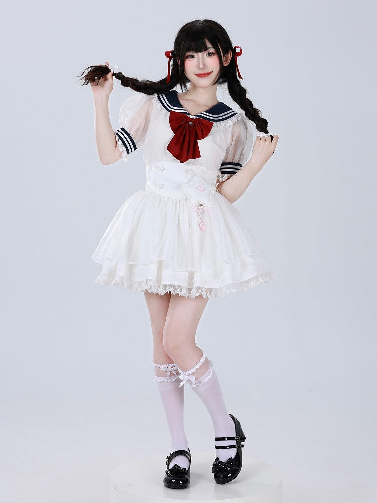 White Star Buttons High Waist Jirai Kei Skirt with Flutter Shoulder Straps