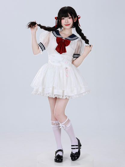 White Star Buttons High Waist Jirai Kei Skirt with Flutter Shoulder Straps