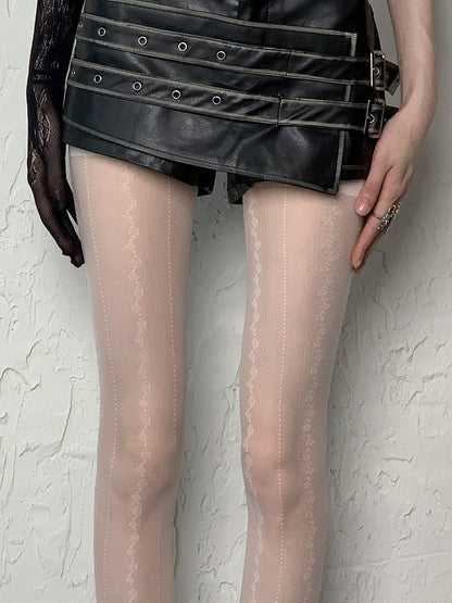 White/Black/Pink Y2K Floral and Polka-dot Pattern Tights